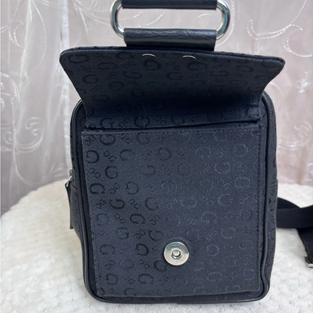 Guess Black Monogram Canvas Crossbody w/Silvertone Logo Buckle